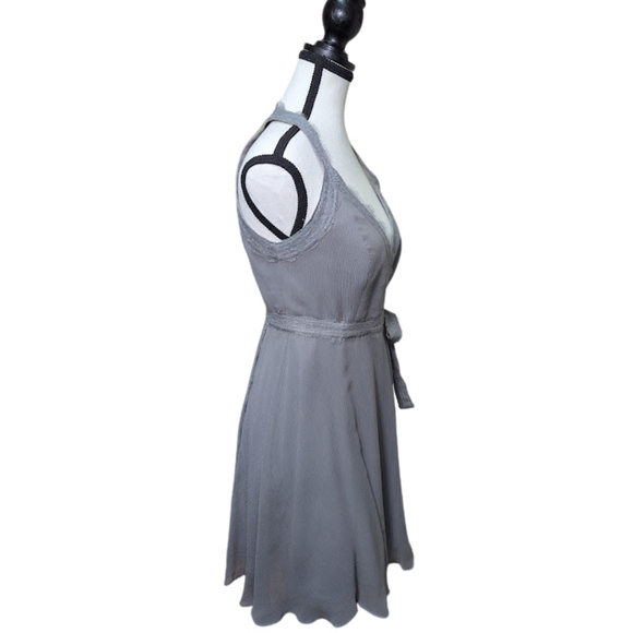 Va Et Vien Soft Goth Lace-Trim Silk Chiffon Wrap Dress – Slate Gray – Size 0 - Picture 2 of 16